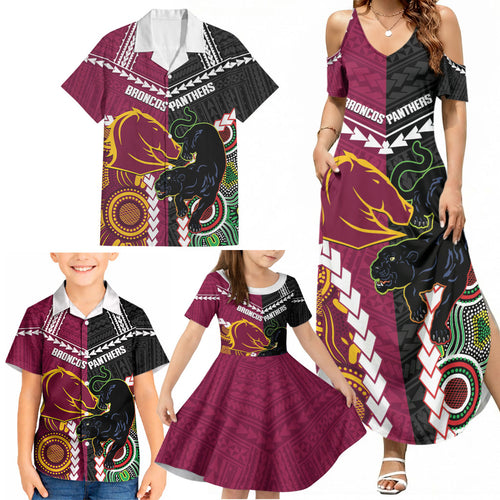 Custom Rugby Panthers and Broncos Family Matching Summer Maxi Dress and Hawaiian Shirt 2026 Together Aboriginal Polynesian Pattern