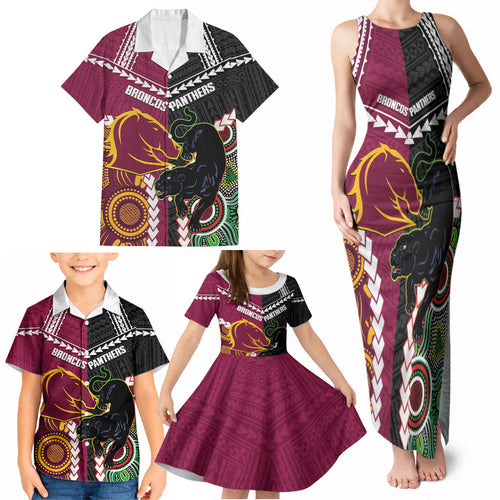 Custom Rugby Panthers and Broncos Family Matching Tank Maxi Dress and Hawaiian Shirt 2026 Together Aboriginal Polynesian Pattern