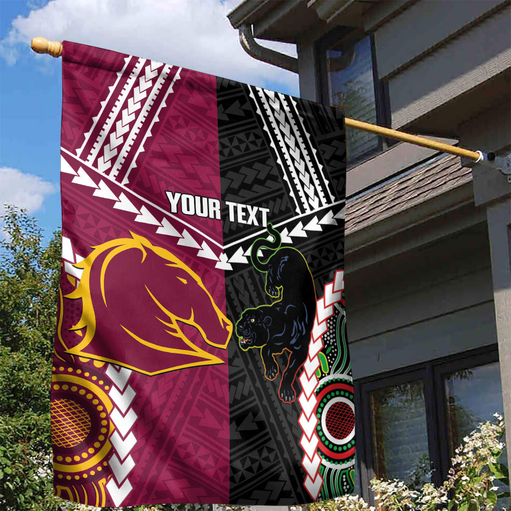 Custom Rugby Panthers and Broncos Garden Flag 2026 Together Aboriginal Polynesian Pattern
