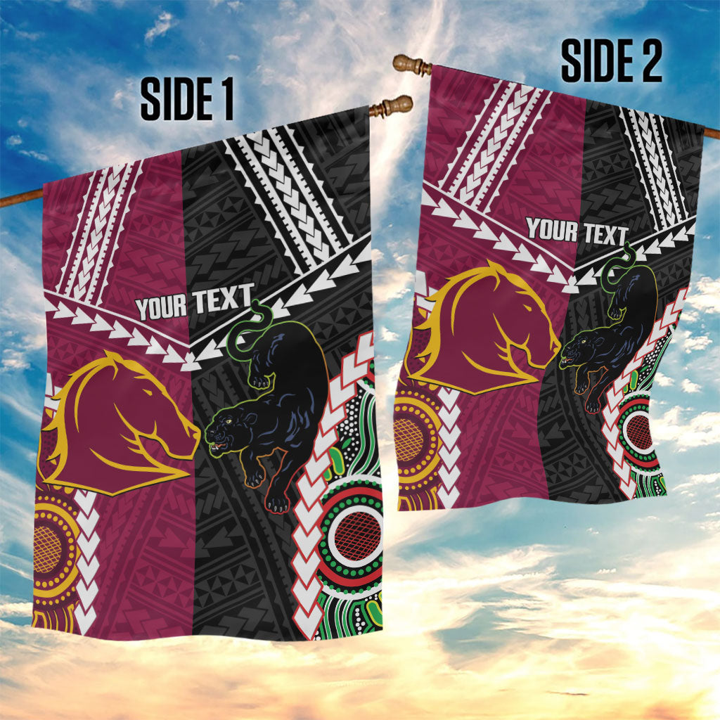 Custom Rugby Panthers and Broncos Garden Flag 2026 Together Aboriginal Polynesian Pattern