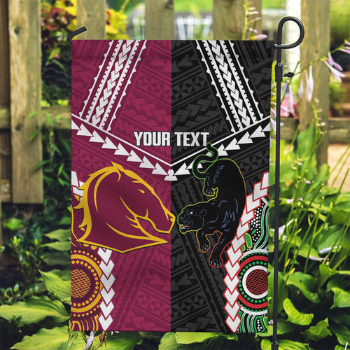 Custom Rugby Panthers and Broncos Garden Flag 2026 Together Aboriginal Polynesian Pattern