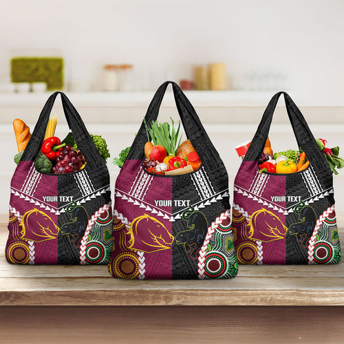 Custom Rugby Panthers and Broncos Grocery Bag 2026 Together Aboriginal Polynesian Pattern
