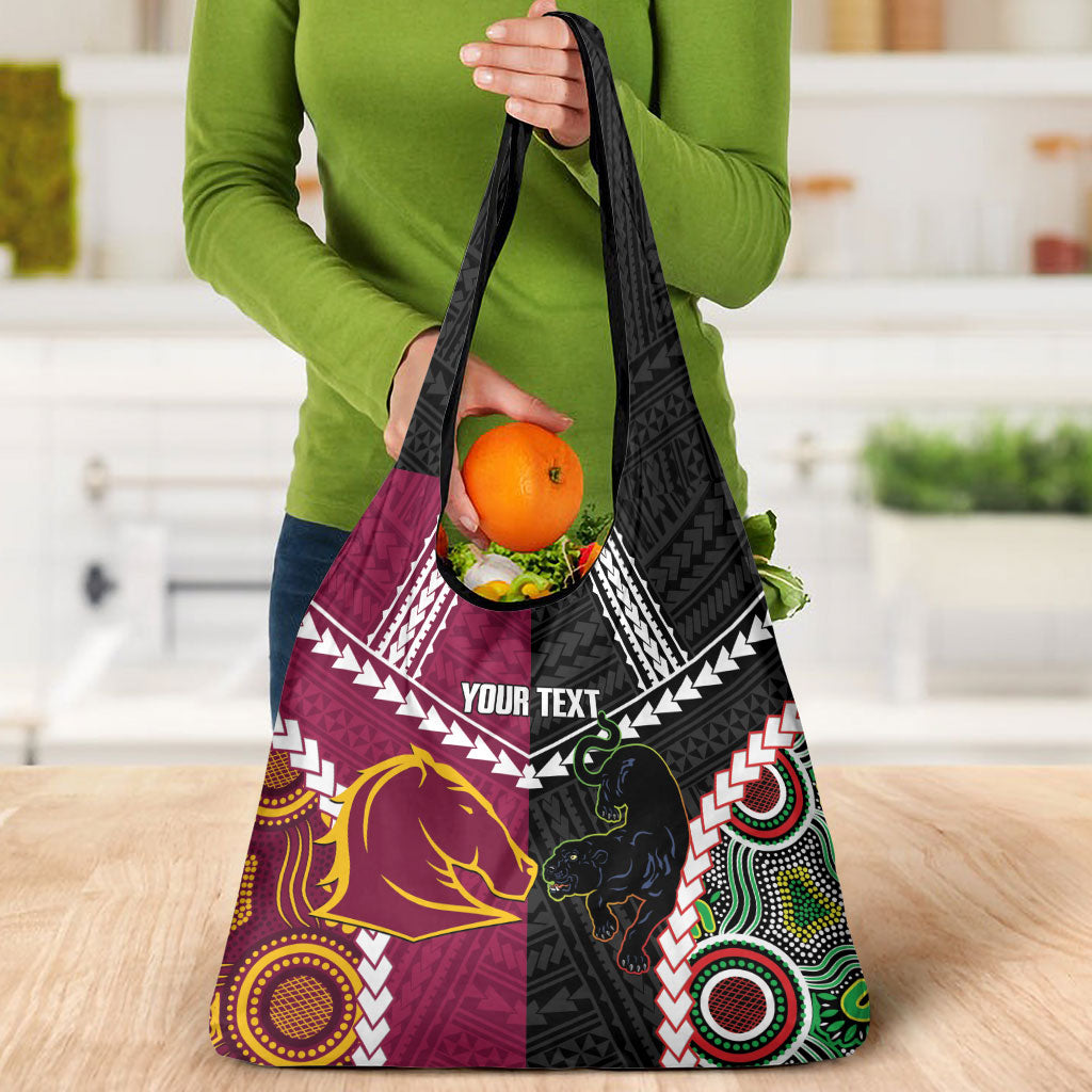 Custom Rugby Panthers and Broncos Grocery Bag 2026 Together Aboriginal Polynesian Pattern