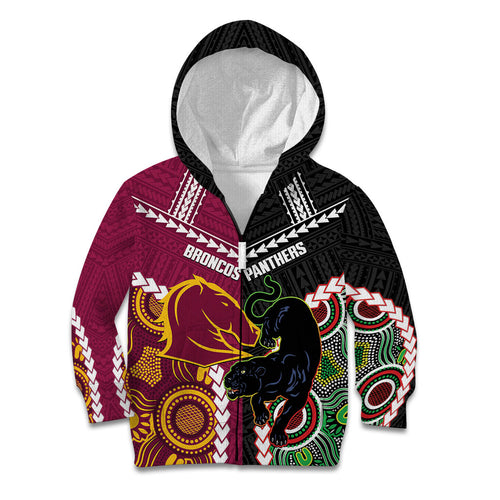 Custom Rugby Panthers and Broncos Kid Hoodie 2026 Together Aboriginal Polynesian Pattern