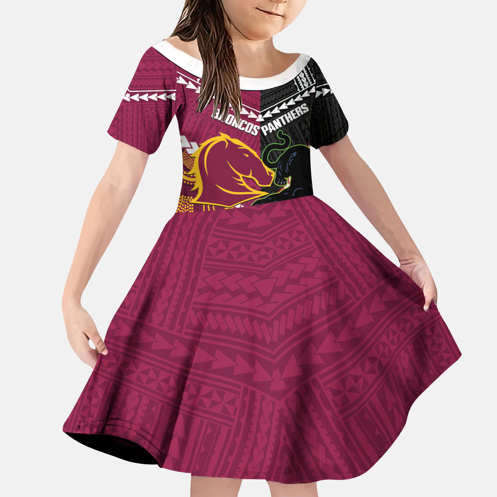 Custom Rugby Panthers and Broncos Kid Short Sleeve Dress 2026 Together Aboriginal Polynesian Pattern