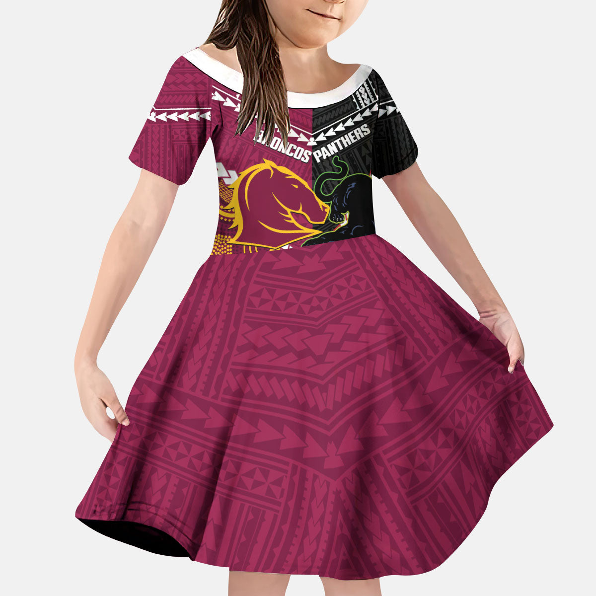 Custom Rugby Panthers and Broncos Kid Short Sleeve Dress 2026 Together Aboriginal Polynesian Pattern