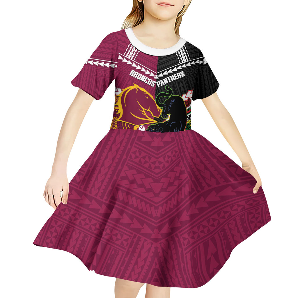 Custom Rugby Panthers and Broncos Kid Short Sleeve Dress 2026 Together Aboriginal Polynesian Pattern