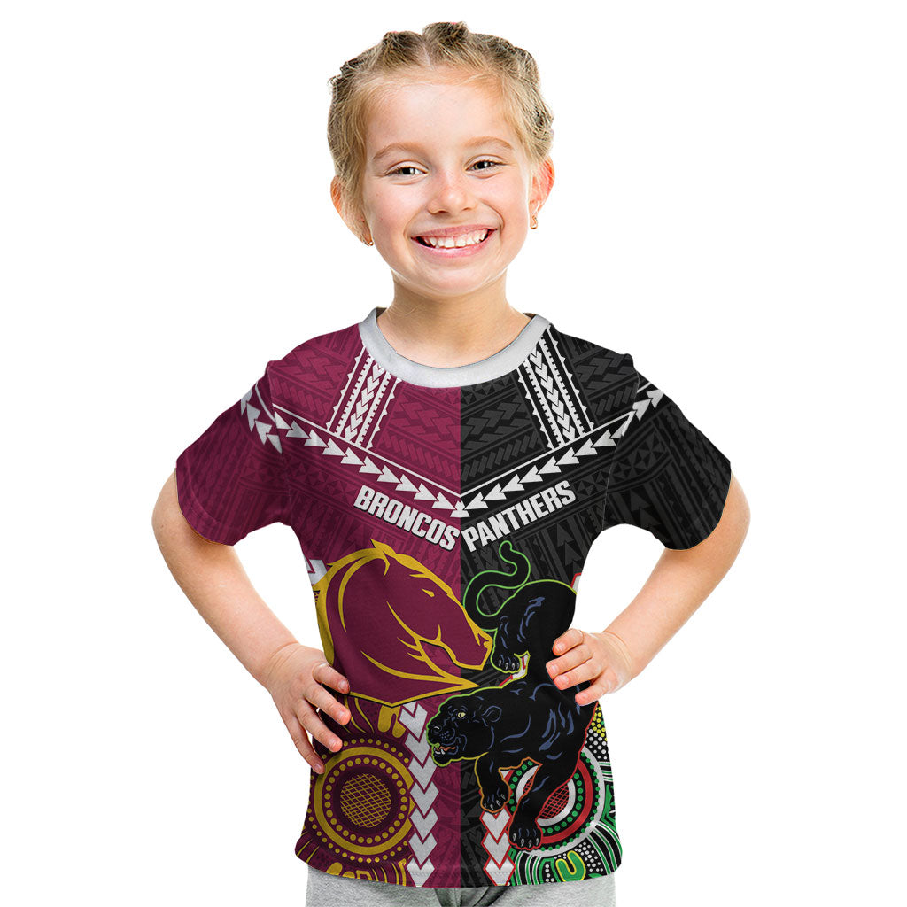 Custom Rugby Panthers and Broncos Kid T Shirt 2026 Together Aboriginal Polynesian Pattern