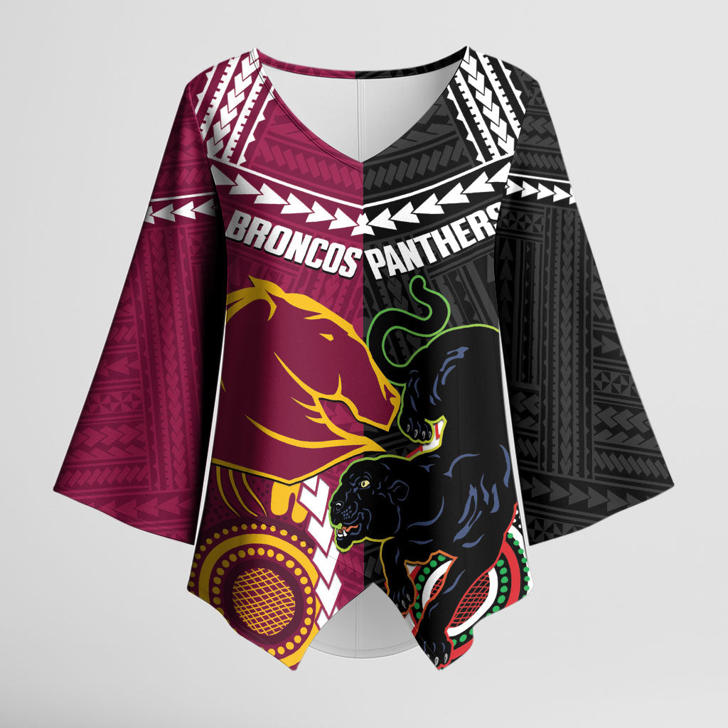 Custom Rugby Panthers and Broncos Kimono Sleeve Blouse 2026 Together Aboriginal Polynesian Pattern