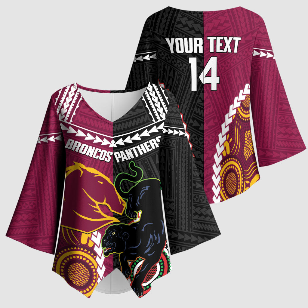 Custom Rugby Panthers and Broncos Kimono Sleeve Blouse 2026 Together Aboriginal Polynesian Pattern
