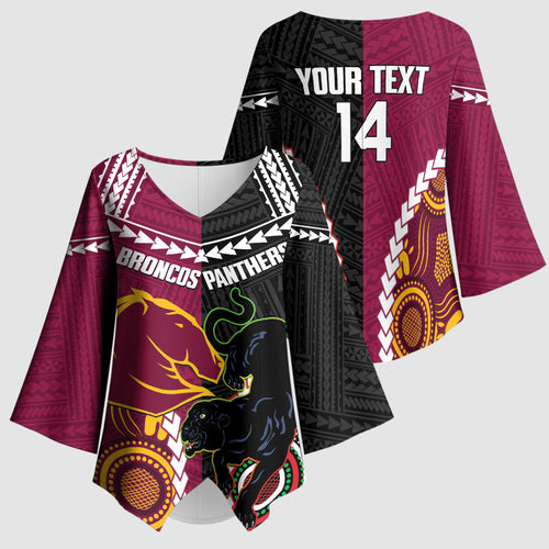 Custom Rugby Panthers and Broncos Kimono Sleeve Blouse 2026 Together Aboriginal Polynesian Pattern