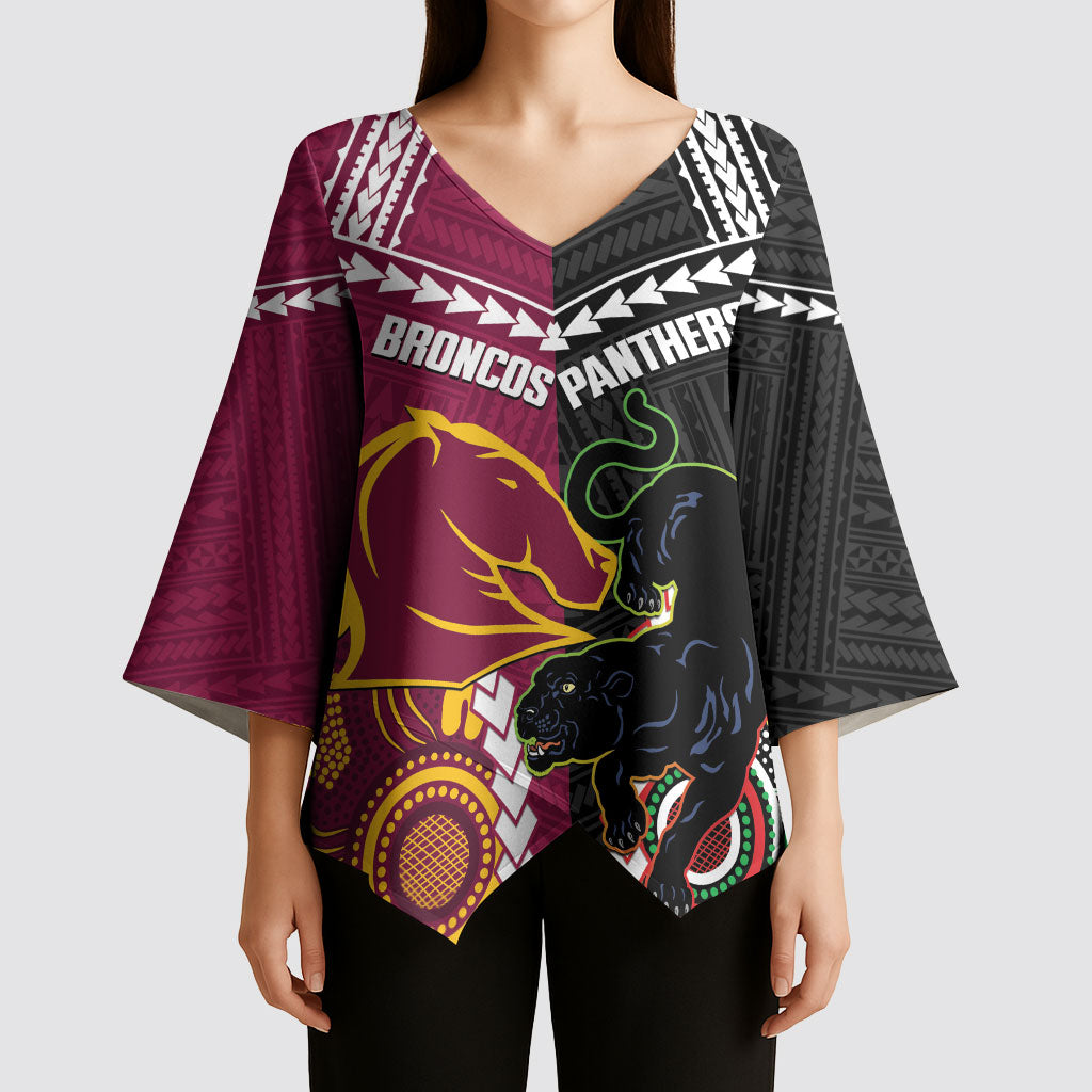 Custom Rugby Panthers and Broncos Kimono Sleeve Blouse 2026 Together Aboriginal Polynesian Pattern