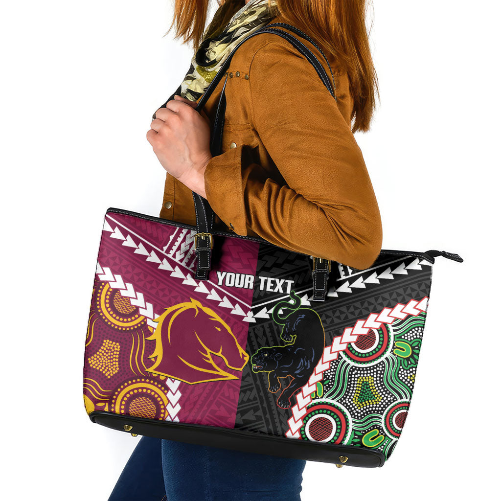 Custom Rugby Panthers and Broncos Leather Tote Bag 2026 Together Aboriginal Polynesian Pattern