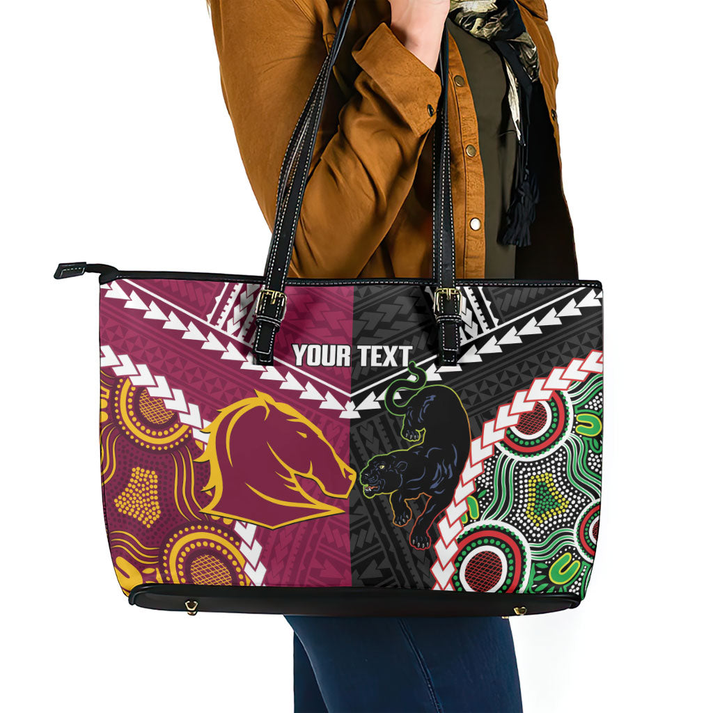Custom Rugby Panthers and Broncos Leather Tote Bag 2026 Together Aboriginal Polynesian Pattern