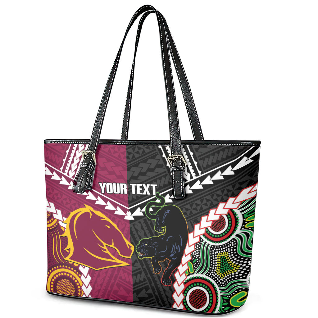 Custom Rugby Panthers and Broncos Leather Tote Bag 2026 Together Aboriginal Polynesian Pattern