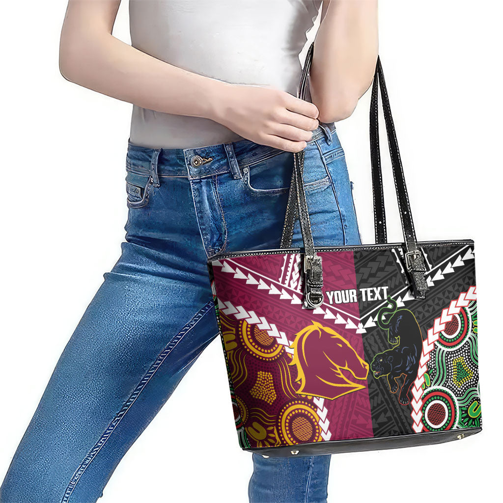 Custom Rugby Panthers and Broncos Leather Tote Bag 2026 Together Aboriginal Polynesian Pattern