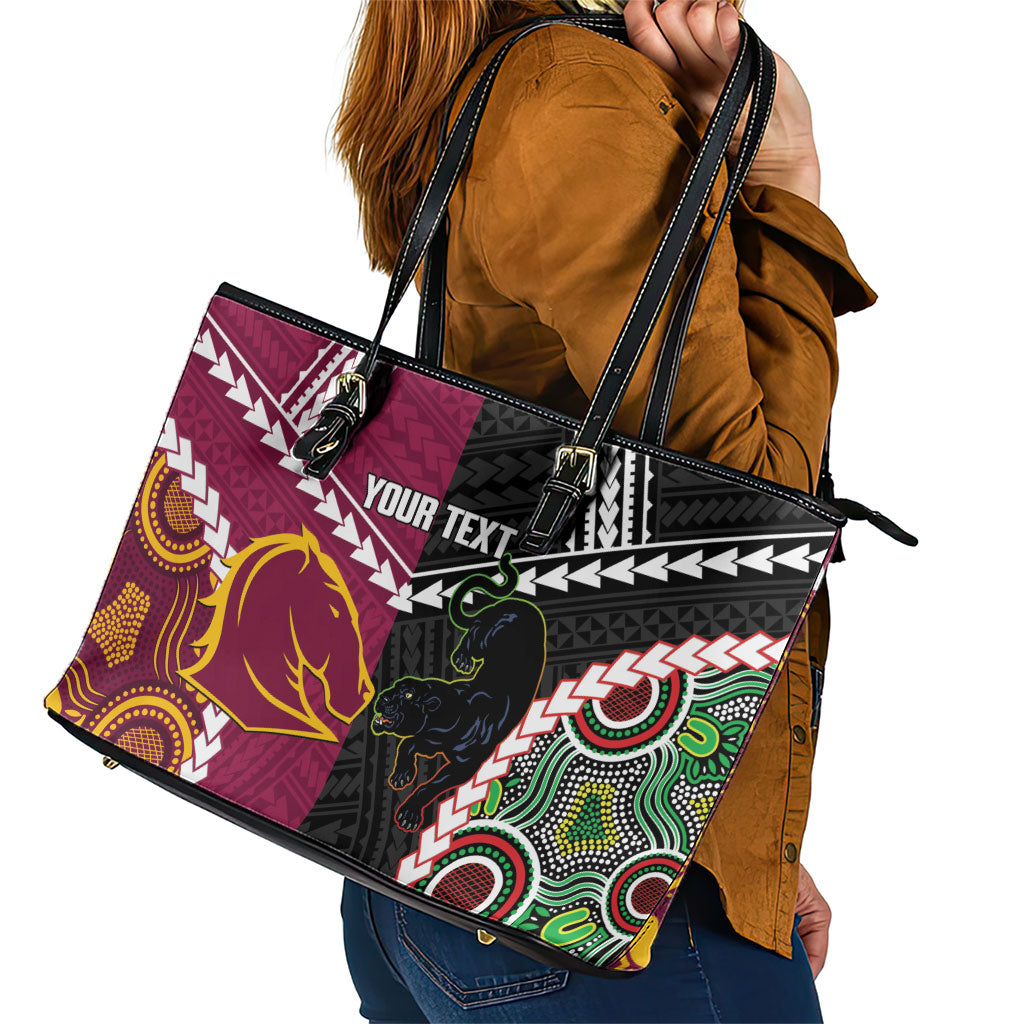 Custom Rugby Panthers and Broncos Leather Tote Bag 2026 Together Aboriginal Polynesian Pattern