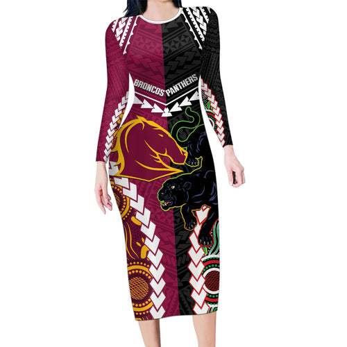 Custom Rugby Panthers and Broncos Long Sleeve Bodycon Dress 2026 Together Aboriginal Polynesian Pattern
