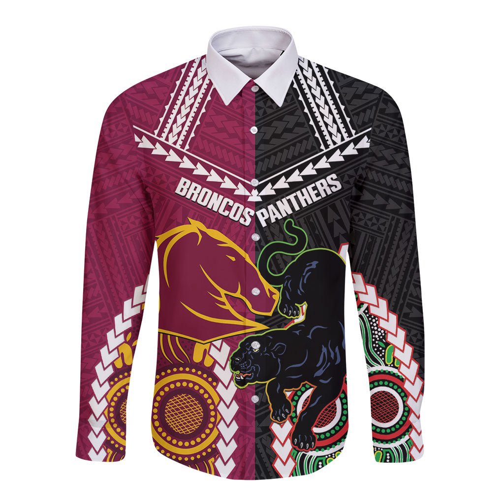 Custom Rugby Panthers and Broncos Long Sleeve Button Shirt 2026 Together Aboriginal Polynesian Pattern