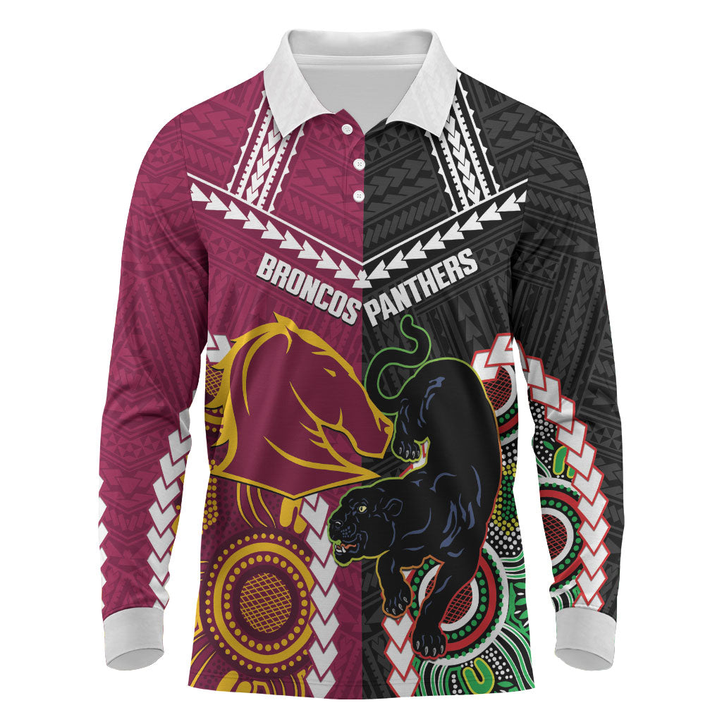 Custom Rugby Panthers and Broncos Long Sleeve Polo Shirt 2026 Together Aboriginal Polynesian Pattern