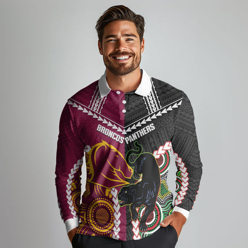 Custom Rugby Panthers and Broncos Long Sleeve Polo Shirt 2026 Together Aboriginal Polynesian Pattern