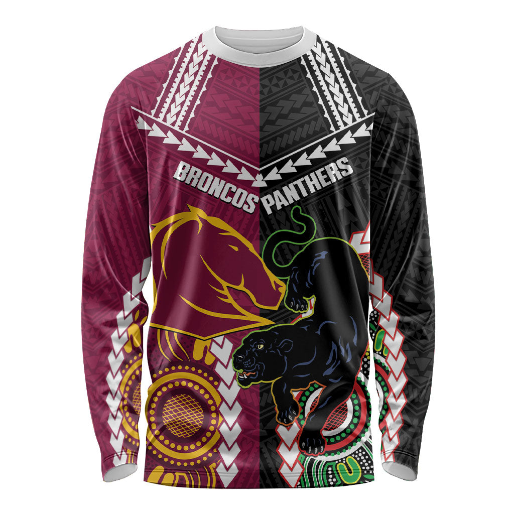 Custom Rugby Panthers and Broncos Long Sleeve Shirt 2026 Together Aboriginal Polynesian Pattern