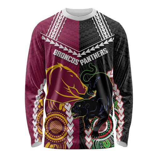 Custom Rugby Panthers and Broncos Long Sleeve Shirt 2026 Together Aboriginal Polynesian Pattern