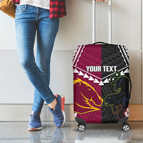 Custom Rugby Panthers and Broncos Luggage Cover 2026 Together Aboriginal Polynesian Pattern