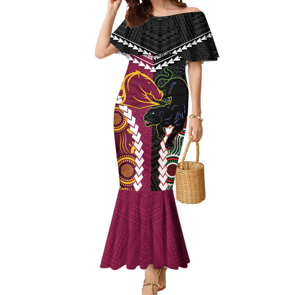 Custom Rugby Panthers and Broncos Mermaid Dress 2026 Together Aboriginal Polynesian Pattern