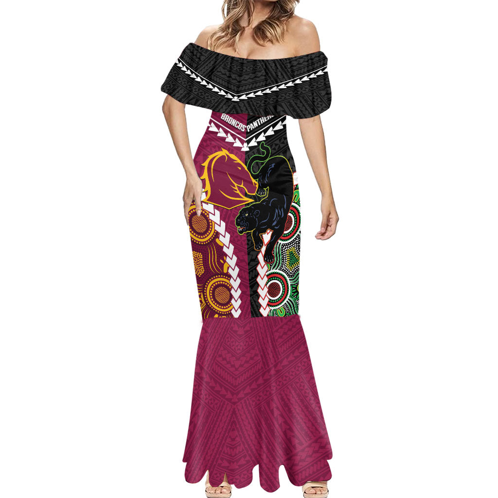 Custom Rugby Panthers and Broncos Mermaid Dress 2026 Together Aboriginal Polynesian Pattern