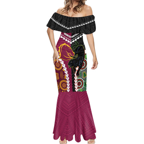 Custom Rugby Panthers and Broncos Mermaid Dress 2026 Together Aboriginal Polynesian Pattern