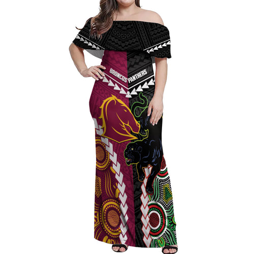 Custom Rugby Panthers and Broncos Off Shoulder Maxi Dress 2026 Together Aboriginal Polynesian Pattern