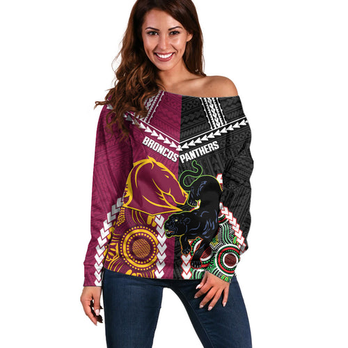 Custom Rugby Panthers and Broncos Off Shoulder Sweater 2026 Together Aboriginal Polynesian Pattern