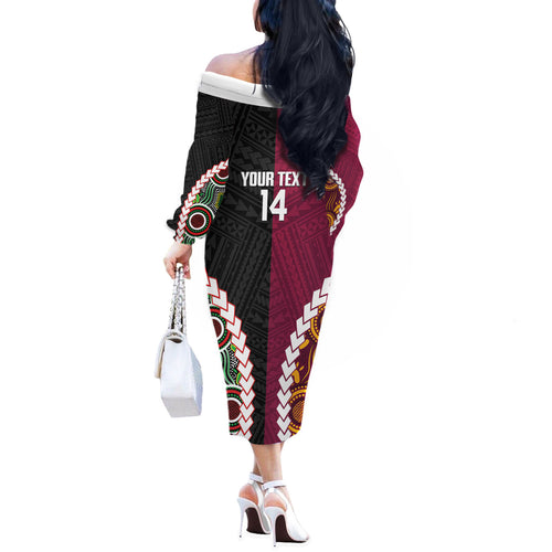 Custom Rugby Panthers and Broncos Off The Shoulder Long Sleeve Dress 2026 Together Aboriginal Polynesian Pattern