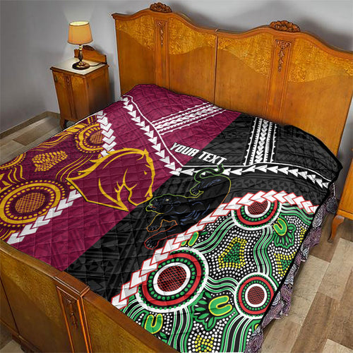 Custom Rugby Panthers and Broncos Quilt 2026 Together Aboriginal Polynesian Pattern