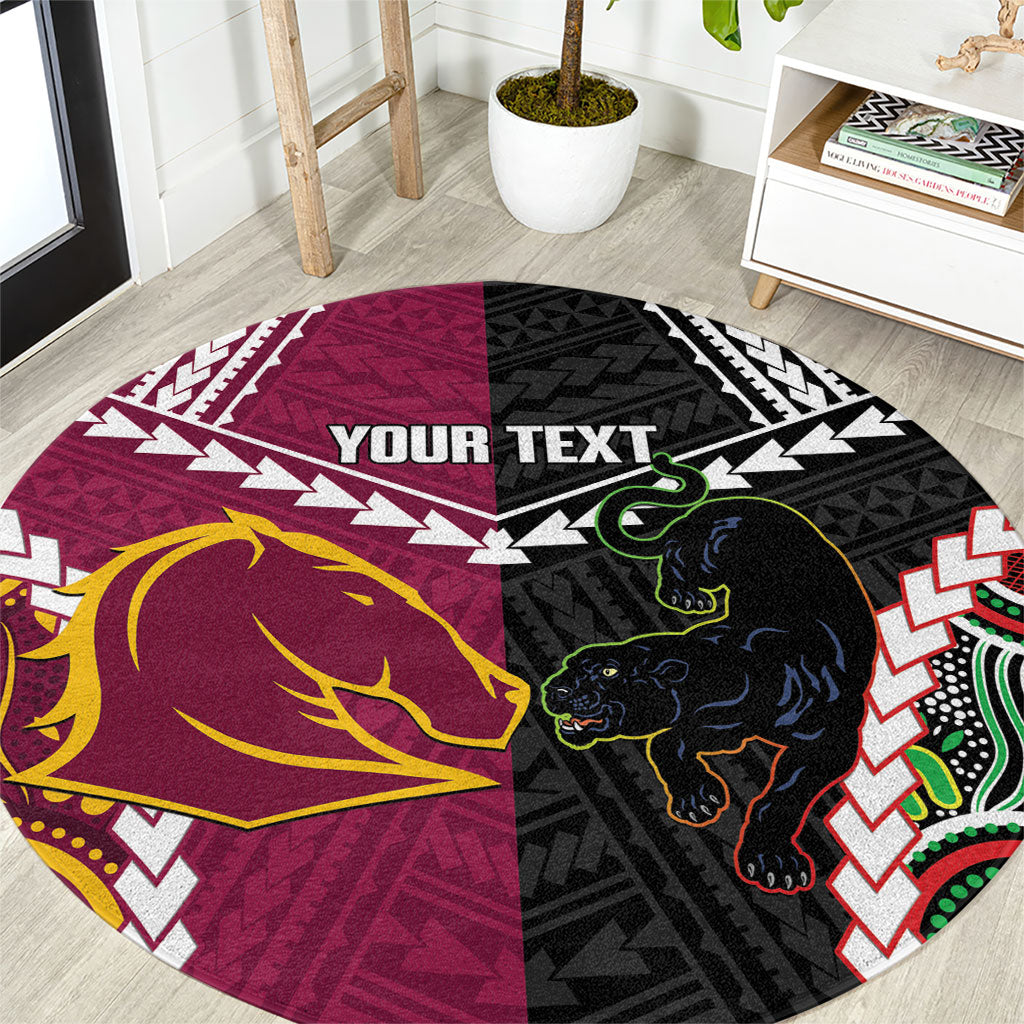 Custom Rugby Panthers and Broncos Round Carpet 2026 Together Aboriginal Polynesian Pattern