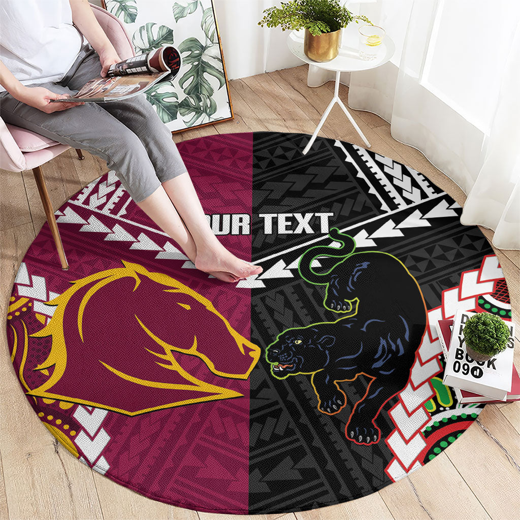 Custom Rugby Panthers and Broncos Round Carpet 2026 Together Aboriginal Polynesian Pattern