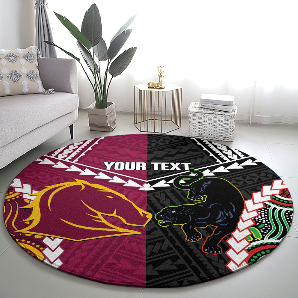 Custom Rugby Panthers and Broncos Round Carpet 2026 Together Aboriginal Polynesian Pattern