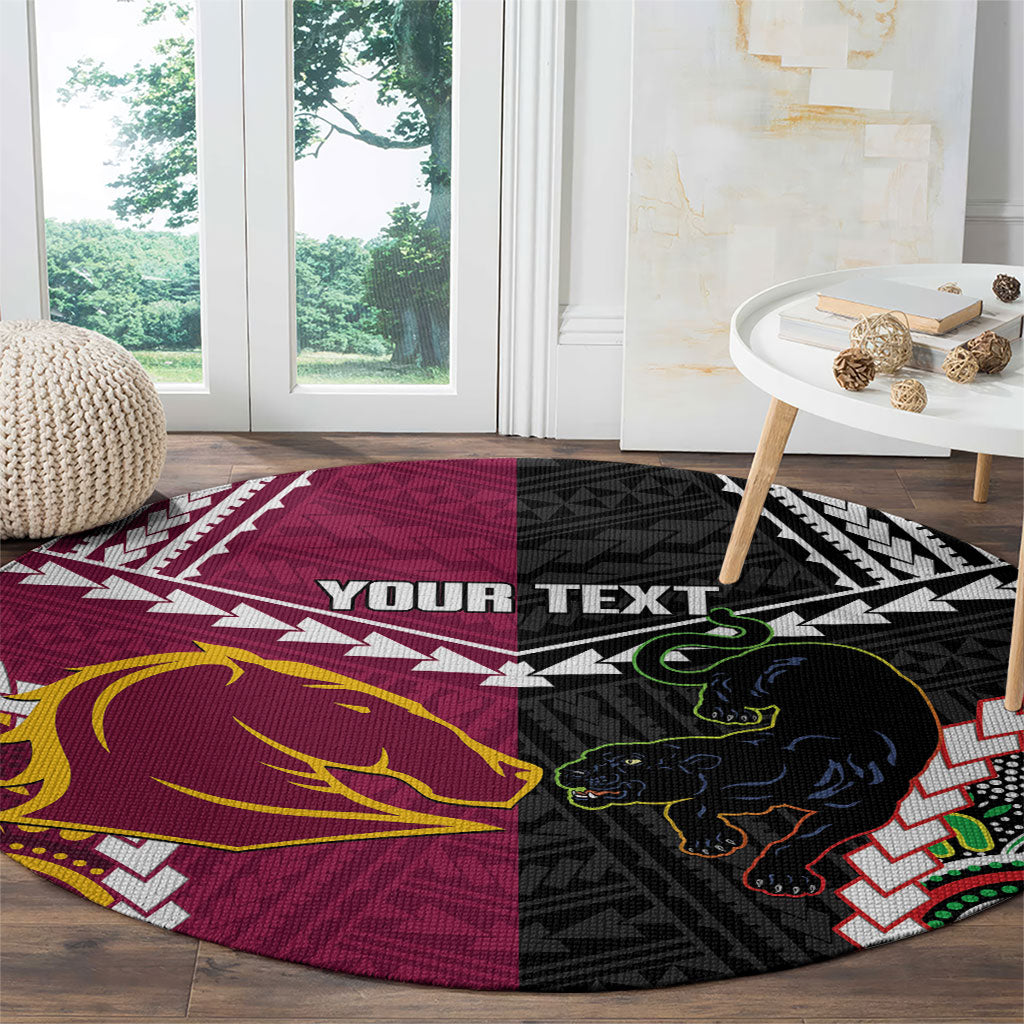 Custom Rugby Panthers and Broncos Round Carpet 2026 Together Aboriginal Polynesian Pattern