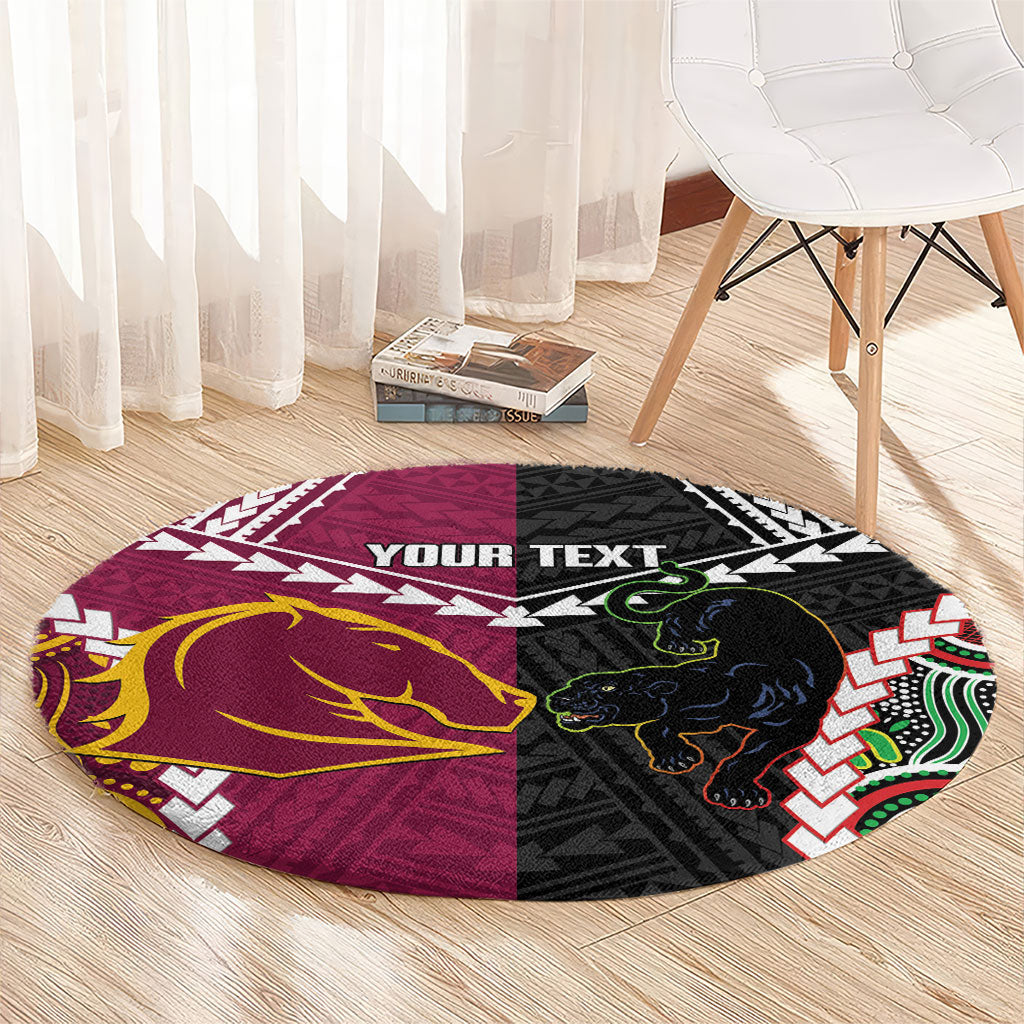 Custom Rugby Panthers and Broncos Round Carpet 2026 Together Aboriginal Polynesian Pattern