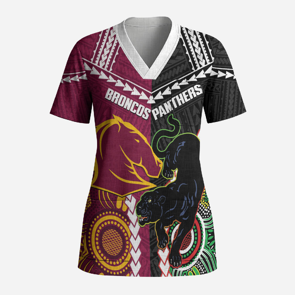 Custom Rugby Panthers and Broncos Scrub Top 2026 Together Aboriginal Polynesian Pattern