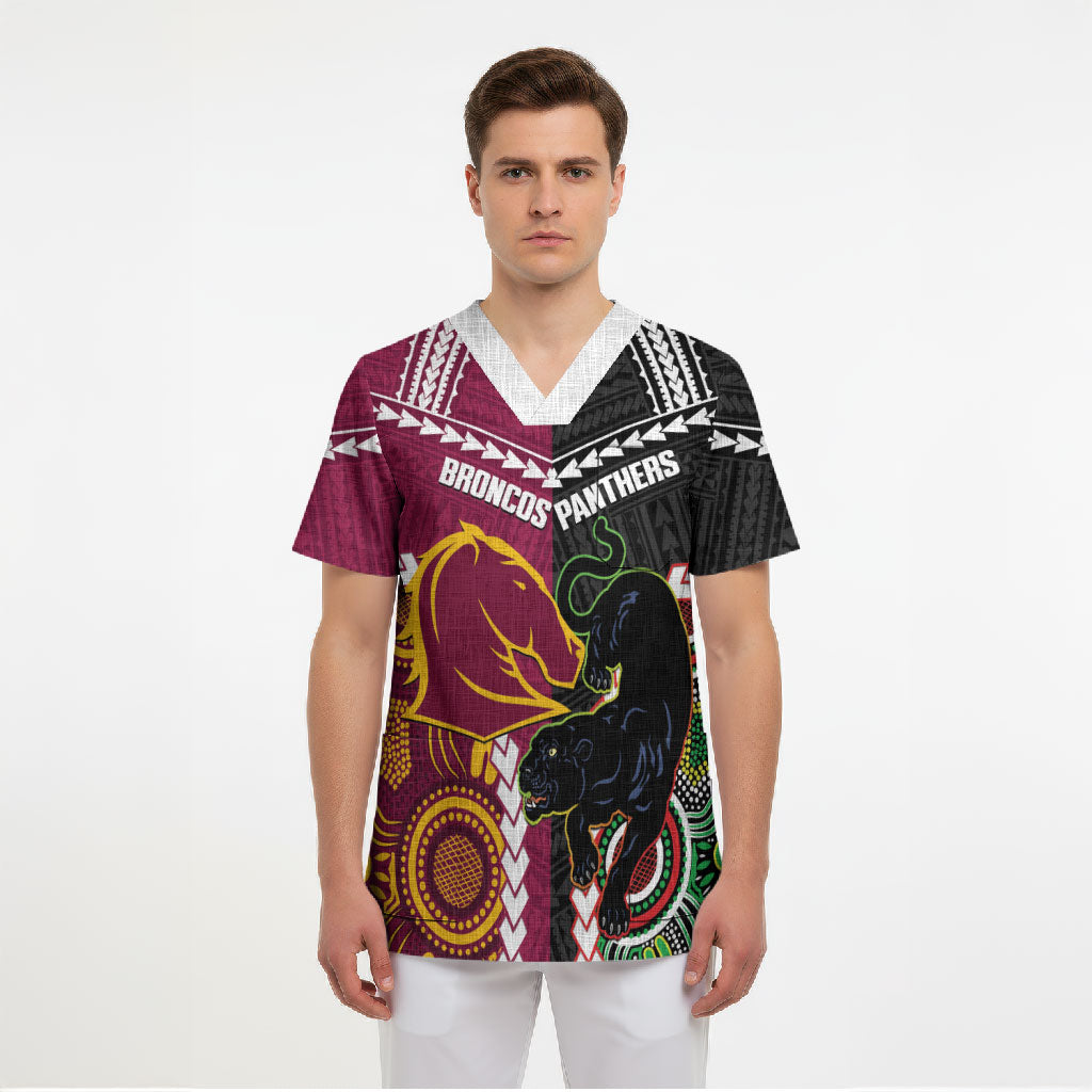 Custom Rugby Panthers and Broncos Scrub Top 2026 Together Aboriginal Polynesian Pattern
