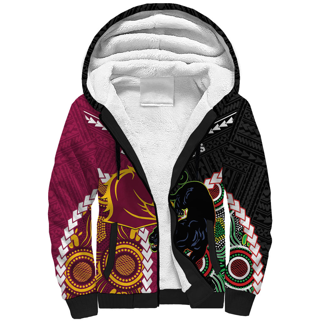 Custom Rugby Panthers and Broncos Sherpa Hoodie 2026 Together Aboriginal Polynesian Pattern