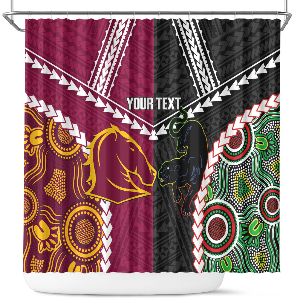 Custom Rugby Panthers and Broncos Shower Curtain 2026 Together Aboriginal Polynesian Pattern