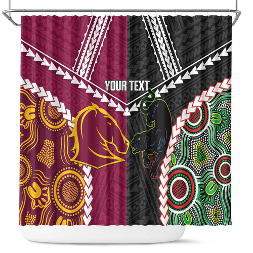 Custom Rugby Panthers and Broncos Shower Curtain 2026 Together Aboriginal Polynesian Pattern