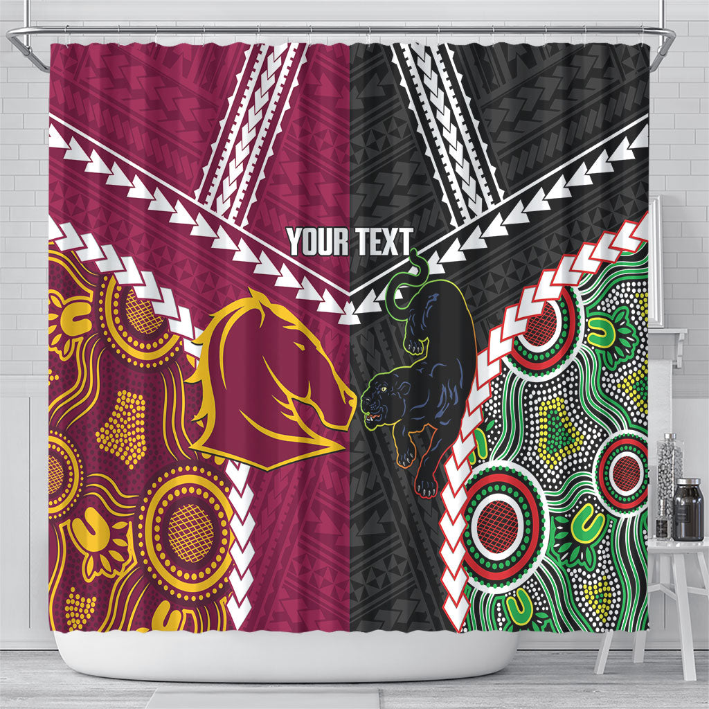 Custom Rugby Panthers and Broncos Shower Curtain 2026 Together Aboriginal Polynesian Pattern