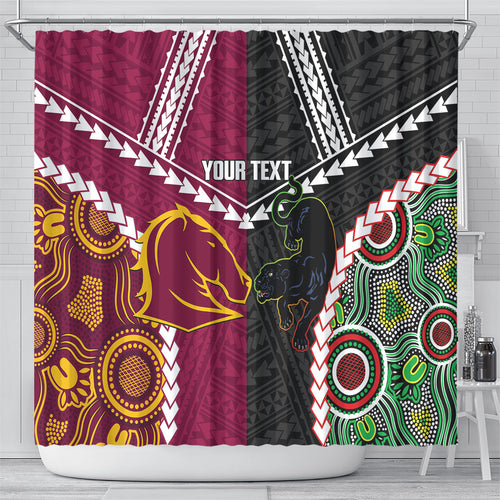 Custom Rugby Panthers and Broncos Shower Curtain 2026 Together Aboriginal Polynesian Pattern