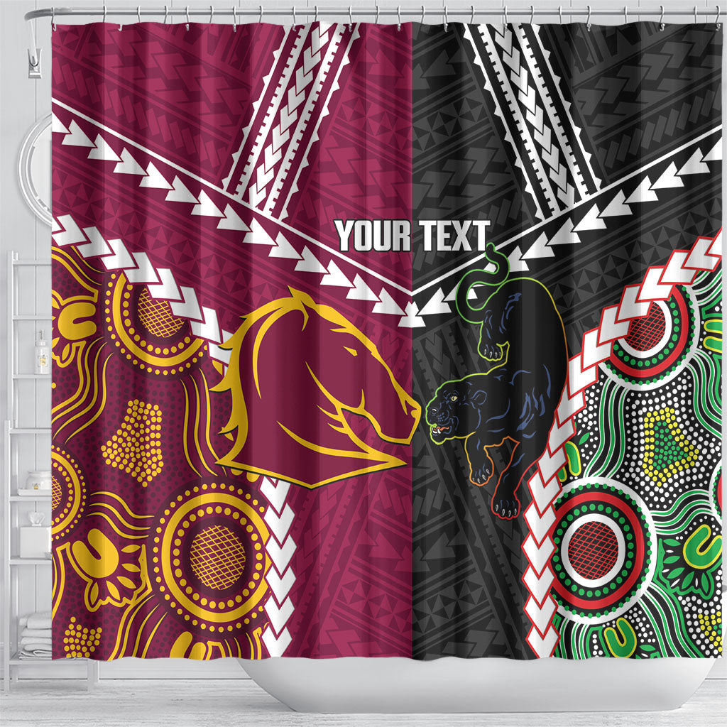 Custom Rugby Panthers and Broncos Shower Curtain 2026 Together Aboriginal Polynesian Pattern