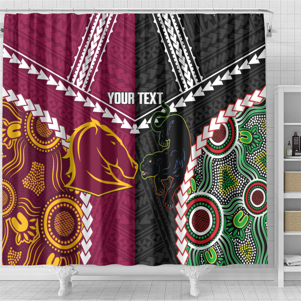 Custom Rugby Panthers and Broncos Shower Curtain 2026 Together Aboriginal Polynesian Pattern
