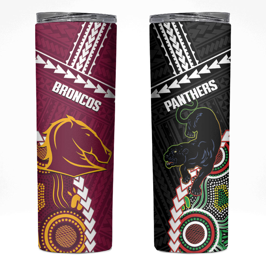 Custom Rugby Panthers and Broncos Skinny Tumbler 2026 Together Aboriginal Polynesian Pattern